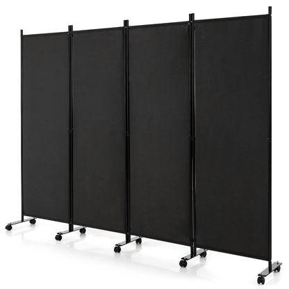 4-Panel Folding Room Divider 6 Feet Rolling Privacy Screen with Lockable Wheels-Black - Black