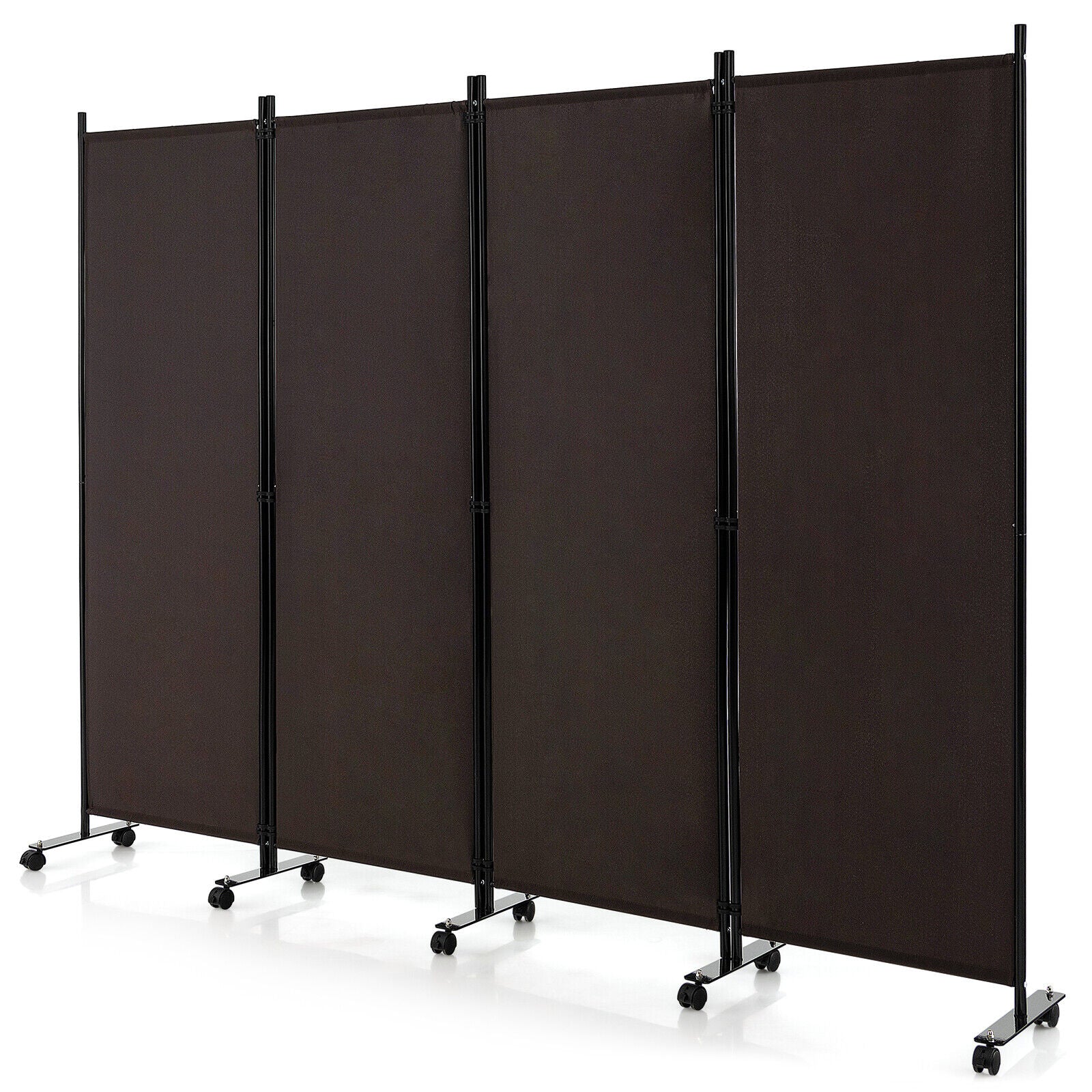 4-Panel Folding Room Divider 6 Feet Rolling Privacy Screen with Lockable Wheels-Black - Brown