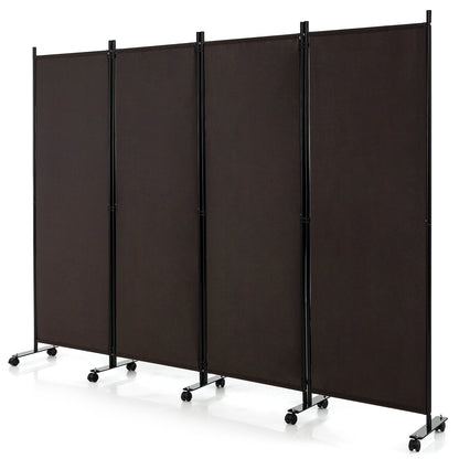 4-Panel Folding Room Divider 6 Feet Rolling Privacy Screen with Lockable Wheels-Black - Brown