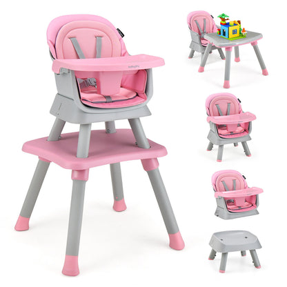 6-in-1 Convertible Baby High Chair with Adjustable Removable Tray-Black - Pink