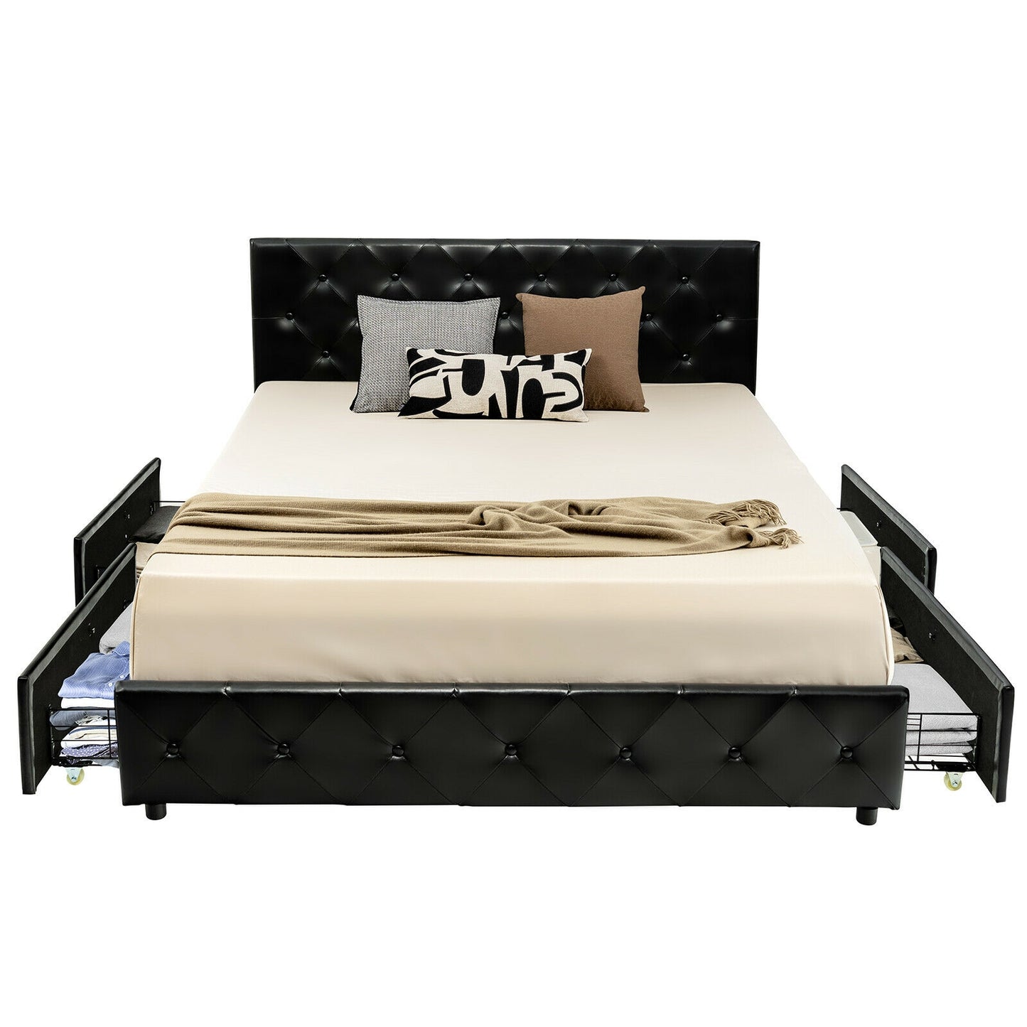Full/Queen PU Leather Upholstered Platform Bed with 4 Drawers-Queen Size