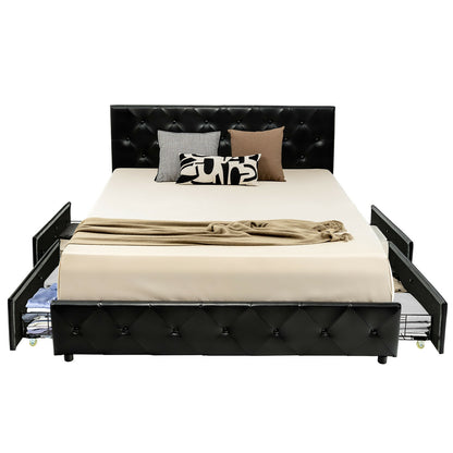 Full/Queen PU Leather Upholstered Platform Bed with 4 Drawers-Queen Size