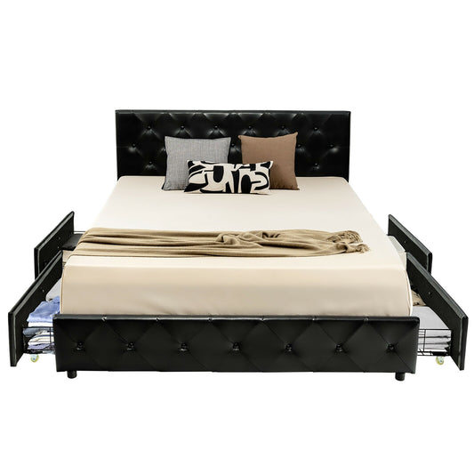 Full/Queen PU Leather Upholstered Platform Bed with 4 Drawers-Queen Size
