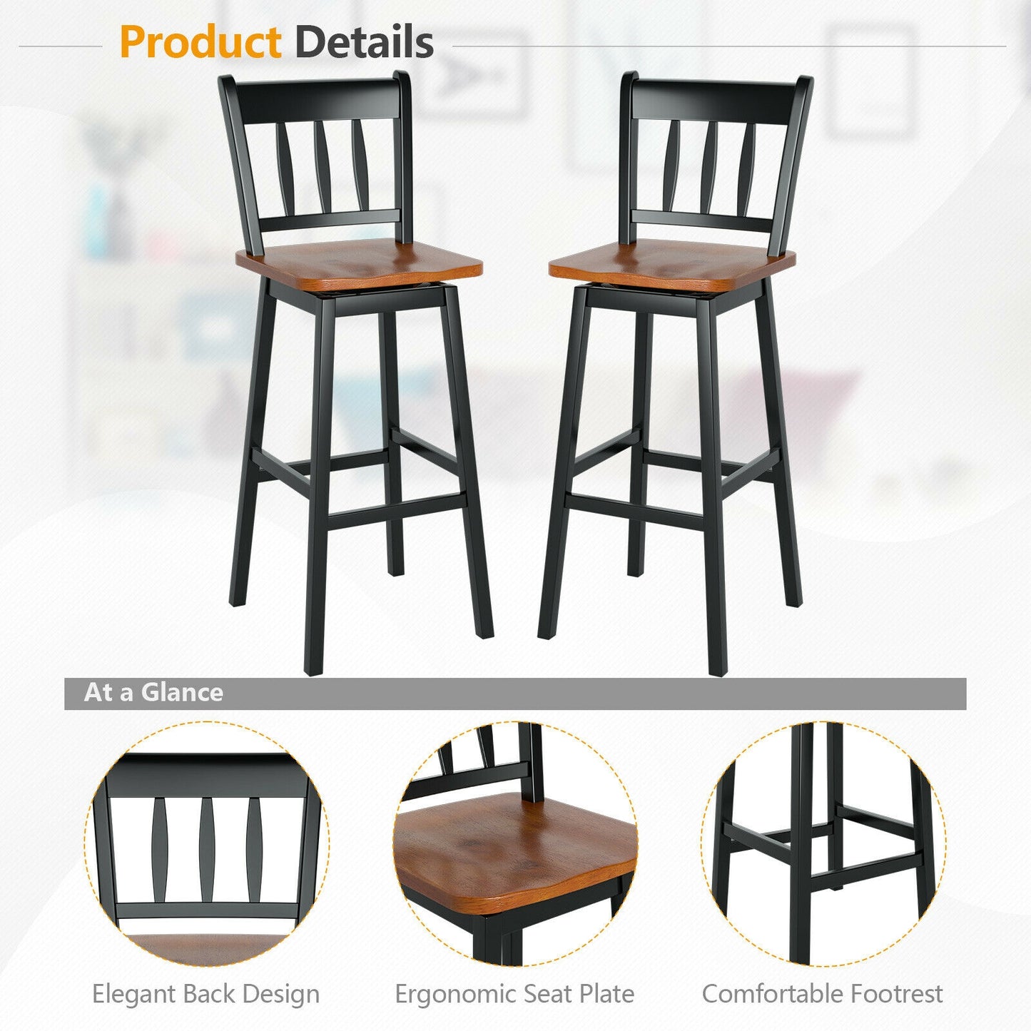 30.5 Inches Set of 2 Swivel Bar Stools with 360¬∞ Swiveling-Black