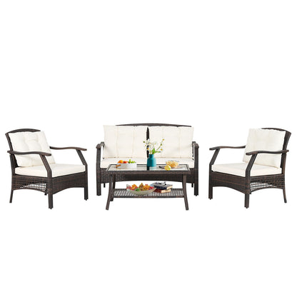 4 Pieces Outdoor Rattan Conversation Set with Protective Cover