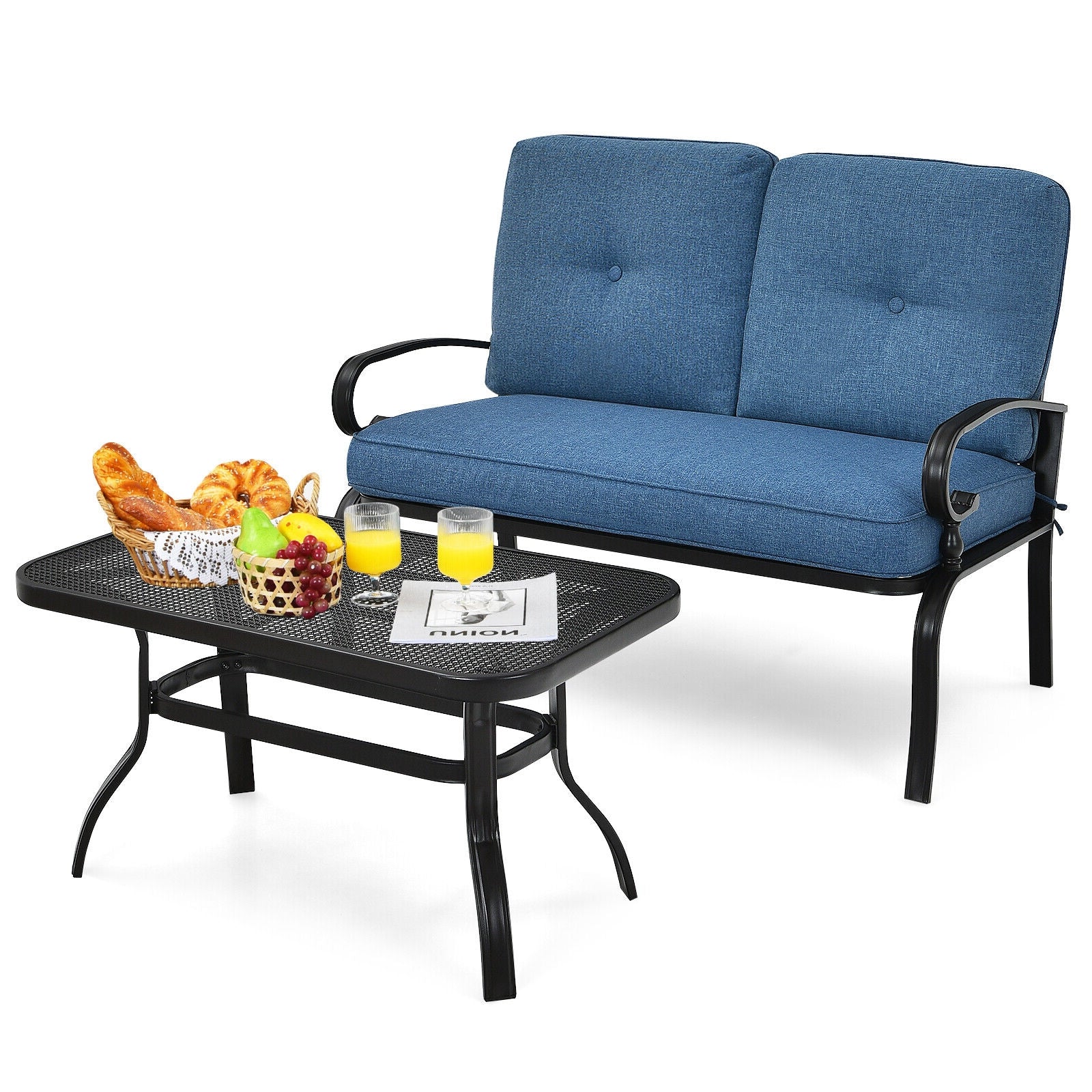 2 Pieces Patio Loveseat Bench Table Furniture Set with Cushioned Chair-Blue - Blue