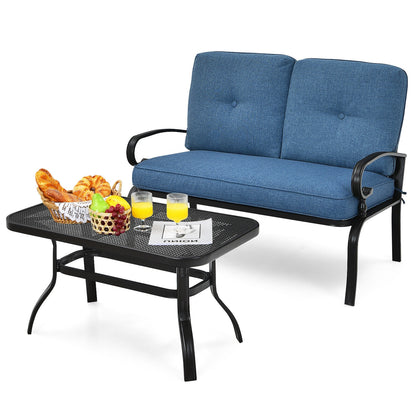 2 Pieces Patio Loveseat Bench Table Furniture Set with Cushioned Chair-Blue - Blue