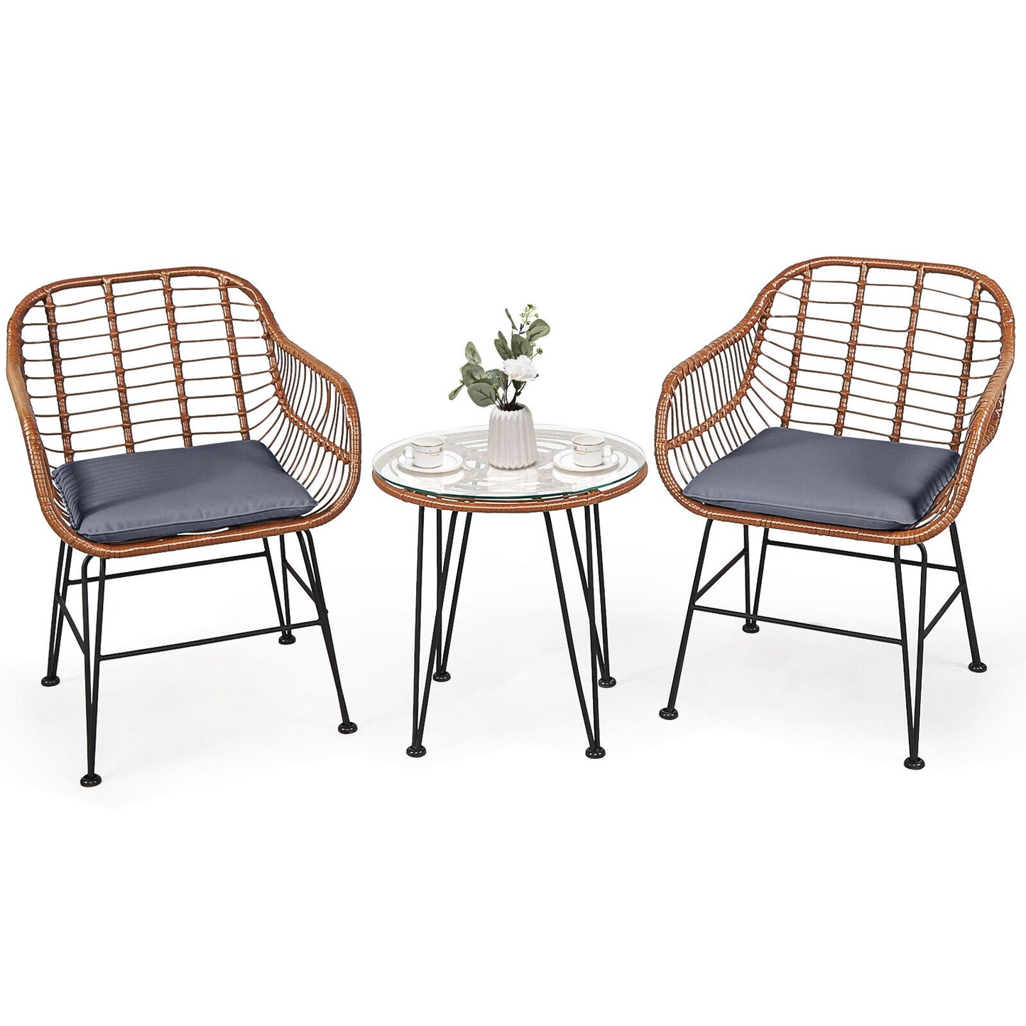 3 Pieces Patio Rattan Bistro Set with Cushion-Black - Gray