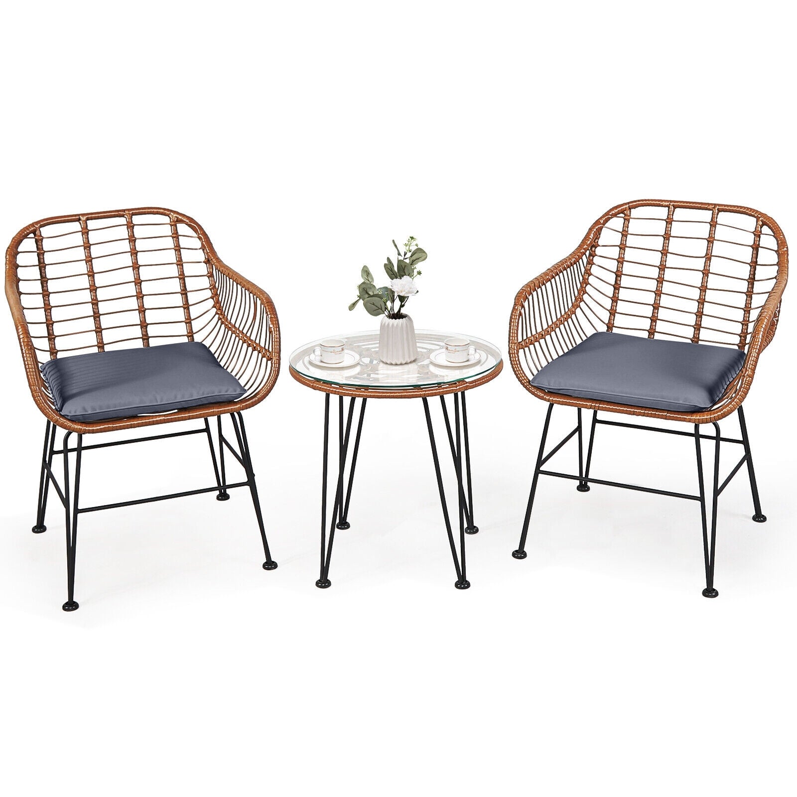 3 Pieces Patio Rattan Bistro Set with Cushion-Black - Gray