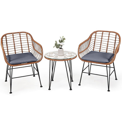 3 Pieces Patio Rattan Bistro Set with Cushion-Black - Gray