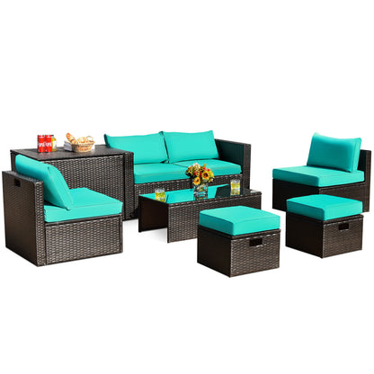 8 Pieces Patio Space-Saving Rattan Furniture Set with Storage Box and Waterproof Cover-Gray - Turquoise