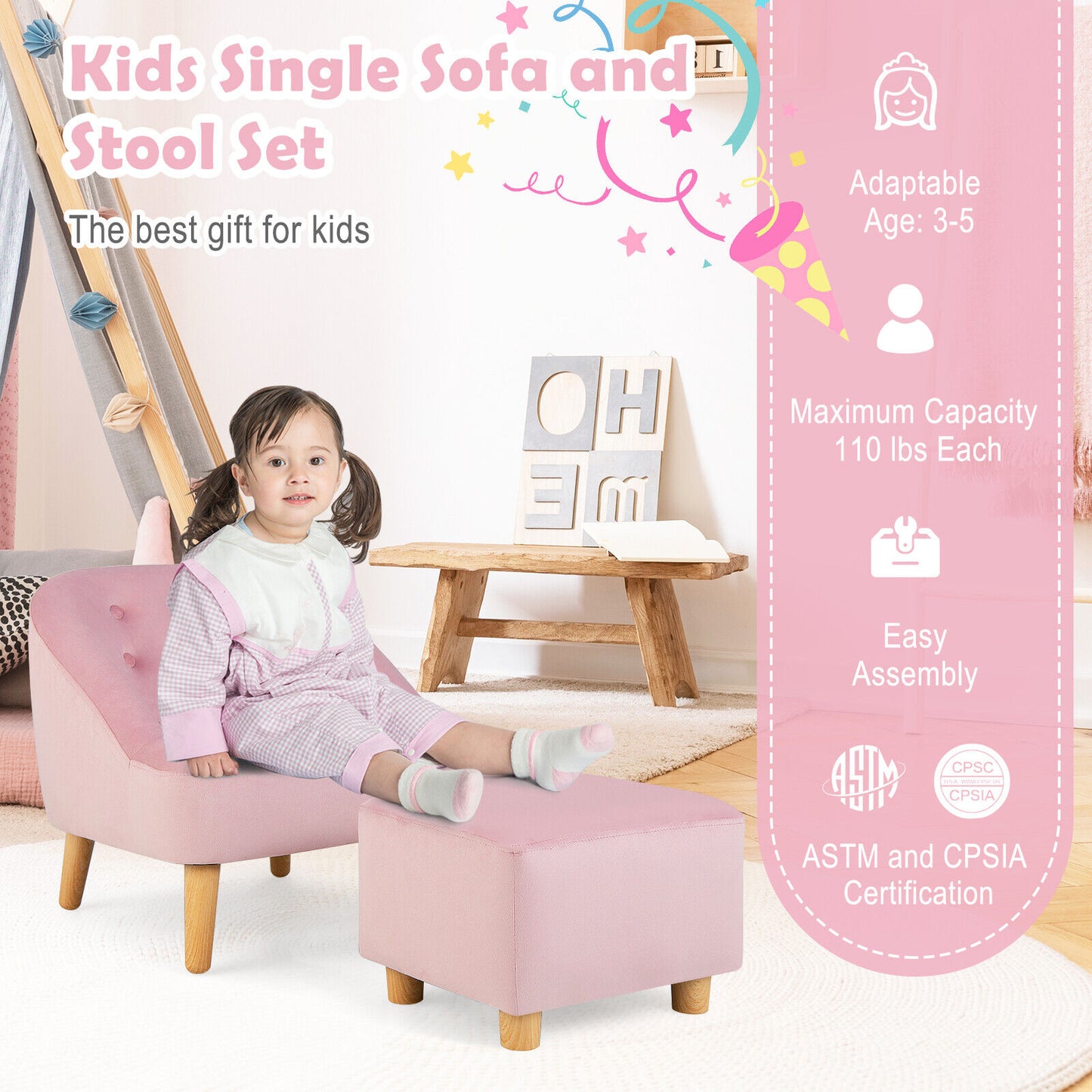 Soft Velvet Upholstered Kids Sofa Chair with Ottoman-Gray - Pink