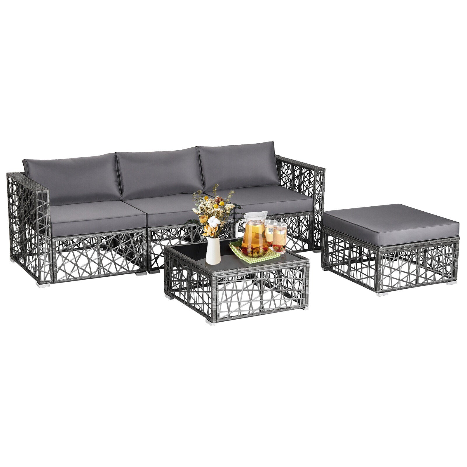 5 Pieces Patio PE Rattan Wicker Sofa Furniture Set-Gray