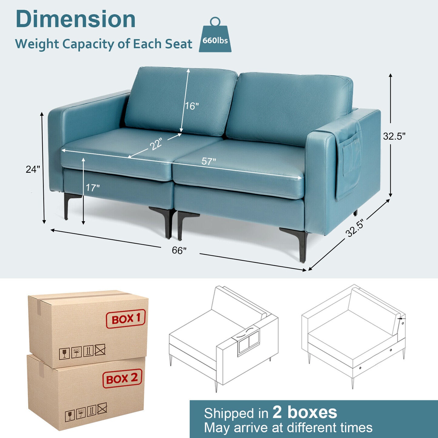 Modern Loveseat Sofa Couch with Side Storage Pocket and Sponged Padded Seat Cushions-Orange - Blue