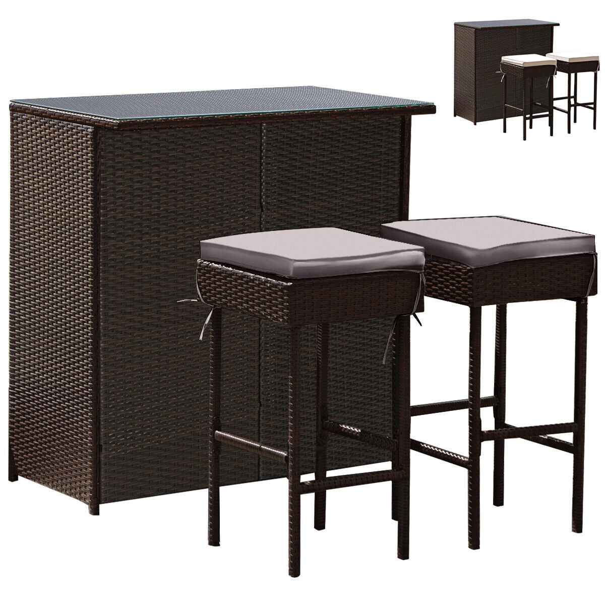 3PCS Patio Rattan Wicker Bar Table Stools Dining Set-Turquoise - Gray & Off White