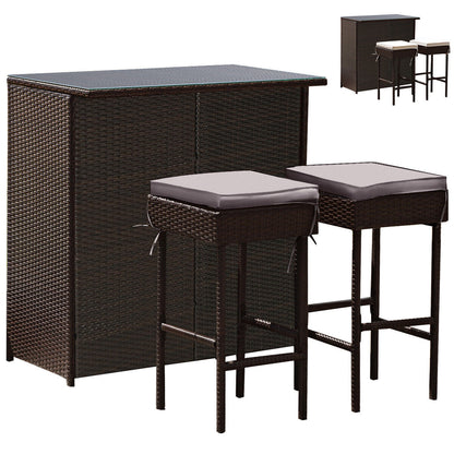 3PCS Patio Rattan Wicker Bar Table Stools Dining Set-Turquoise - Gray & Off White