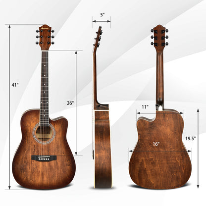41 Inch Full Size Cutaway Acoustic Guitar Set for Beginner-Coffee