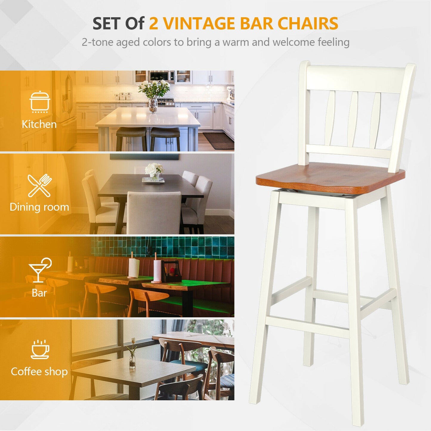 30.5 Inches Set of 2 Swivel Bar Stools with 360¬∞ Swiveling-White