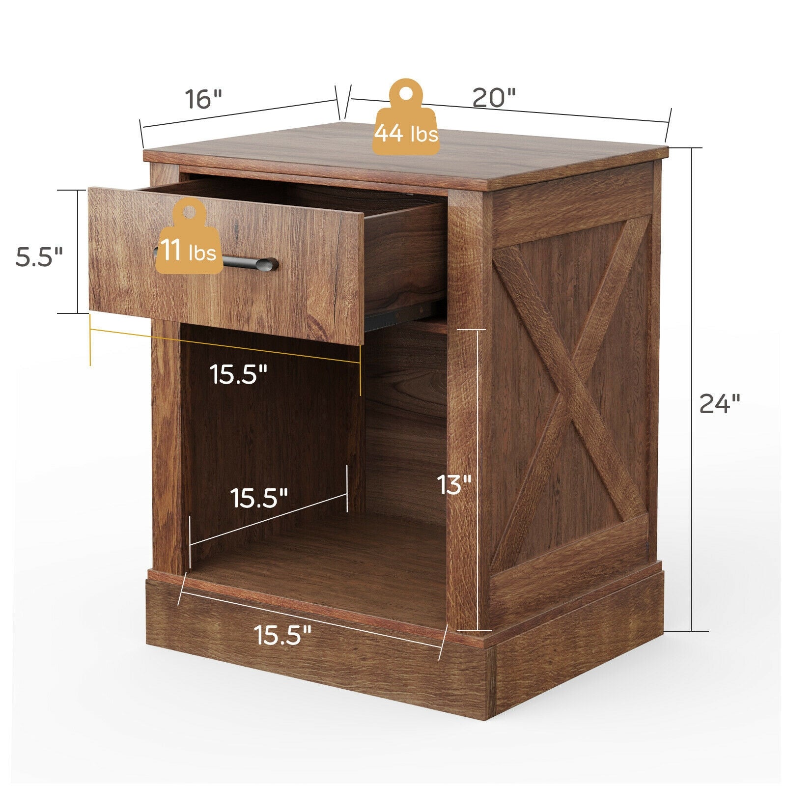 Compact Nightstand with Drawer and Shelf-Brown