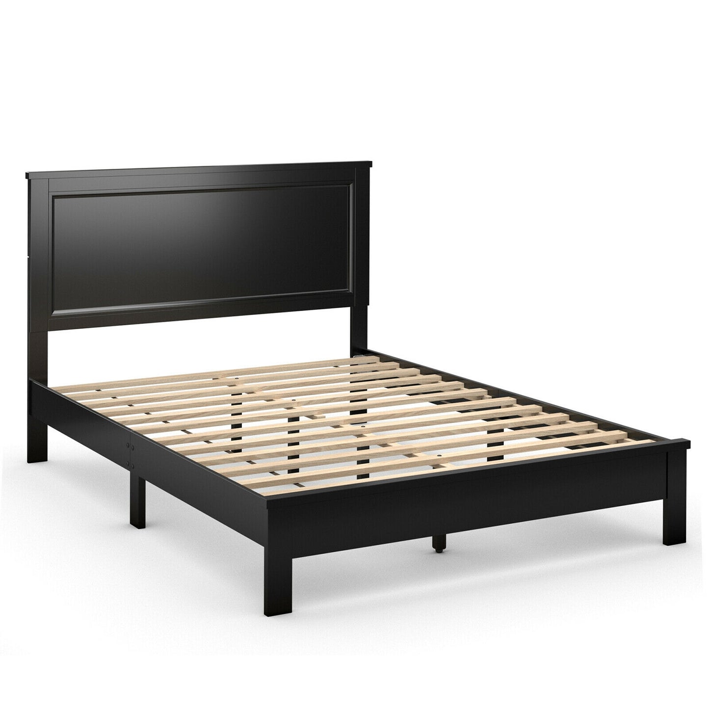 Queen Size Bed Frame Platform Slat High Headboard Bedroom with Rubber Wood Leg-Walnut - Black