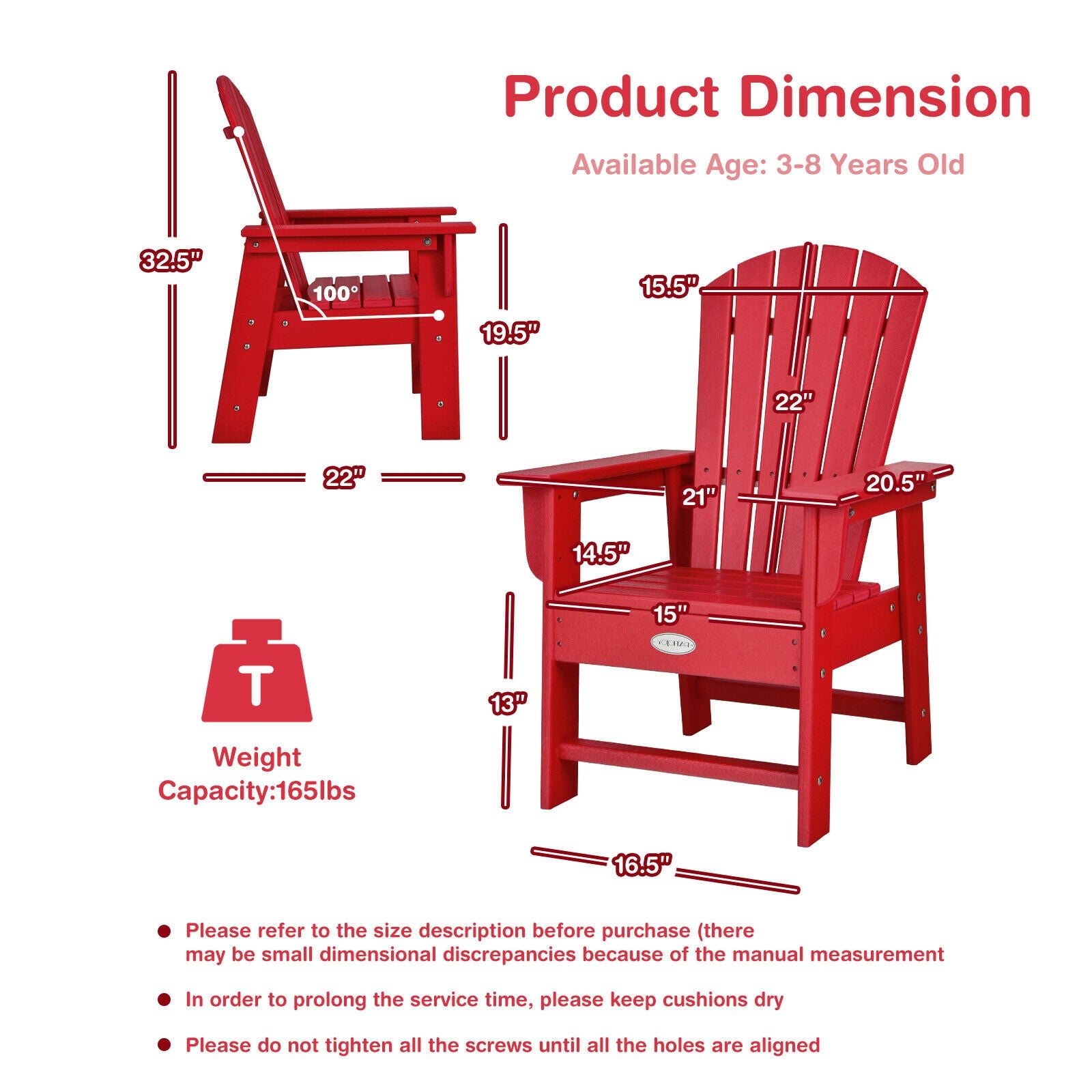 Patio Kids' Adirondack Chair with Ergonomic Backrest-Blue - Red