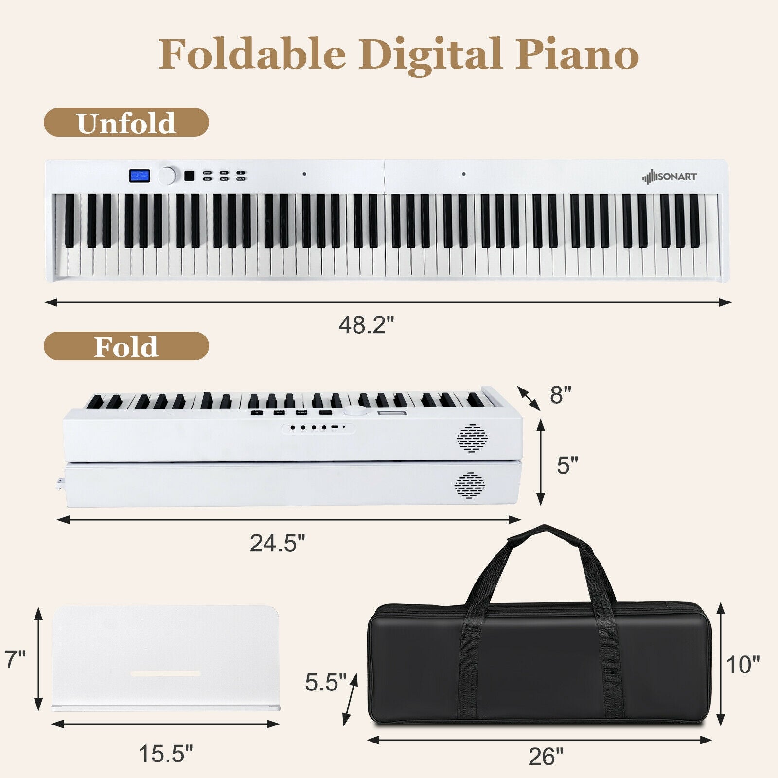 88-Key Foldable Digital Piano with MIDI and Wireless BT-Black - White
