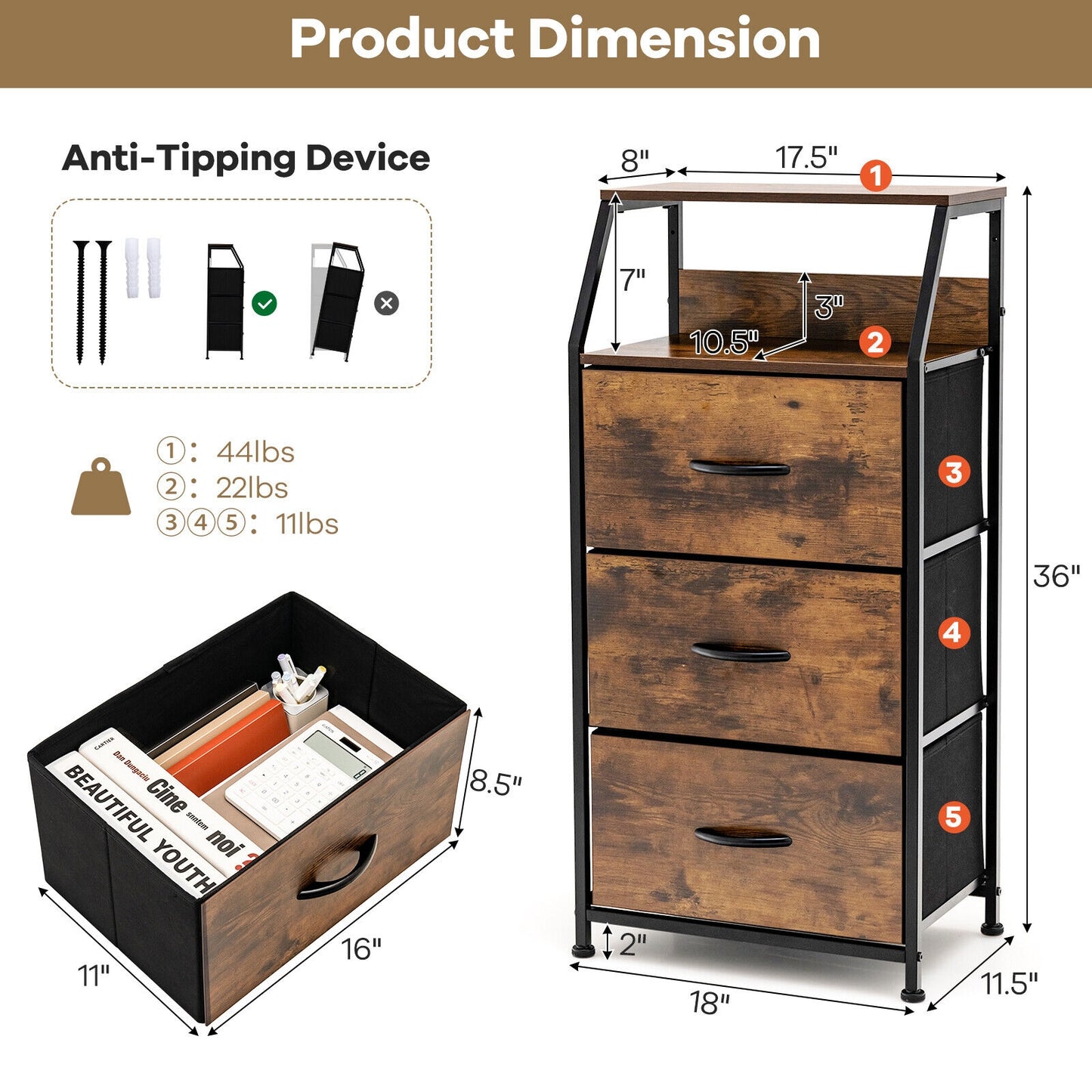 Freestanding Cabinet Dresser with Wooden Top Shelves