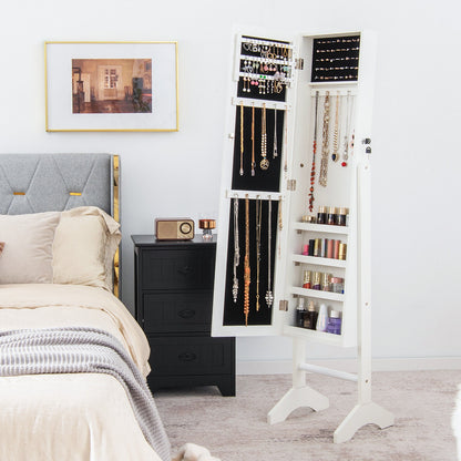 Free-Standing Jewelry Cabinet with Full-Length Mirror and Lockable Door-White