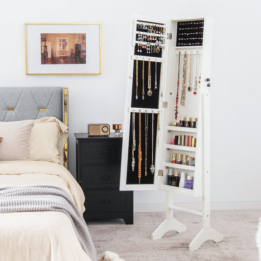 Free-Standing Jewelry Cabinet with Full-Length Mirror and Lockable Door-White