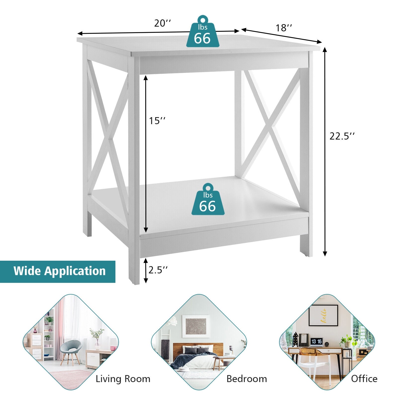 2-Tier Side Table with X-shape Design and 4 Solid Legs-White