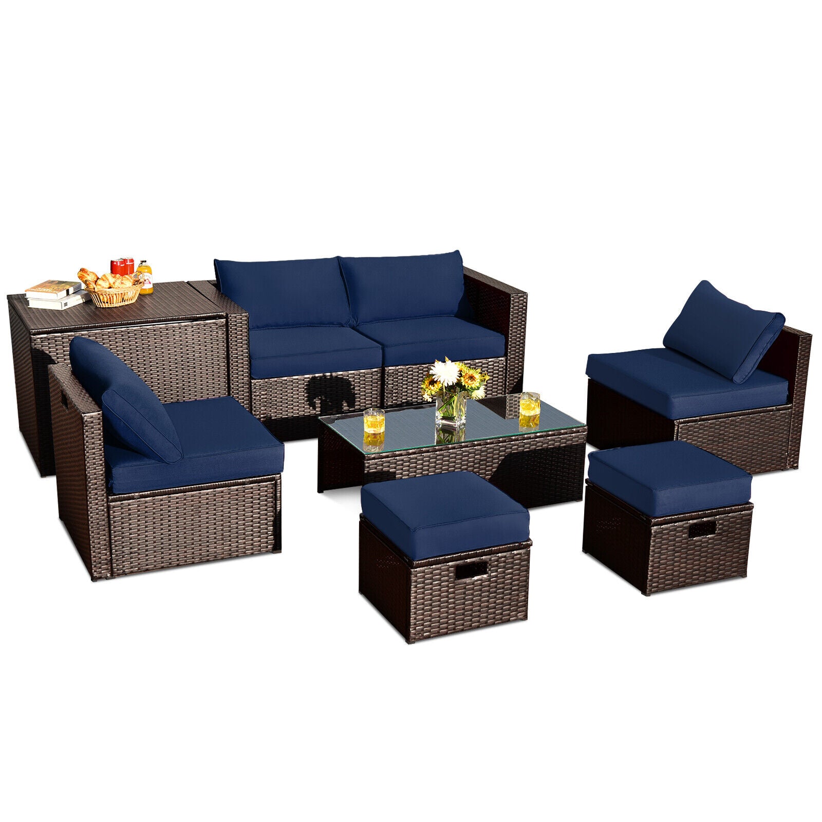 8 Pieces Patio Space-Saving Rattan Furniture Set with Storage Box and Waterproof Cover-Gray - Navy