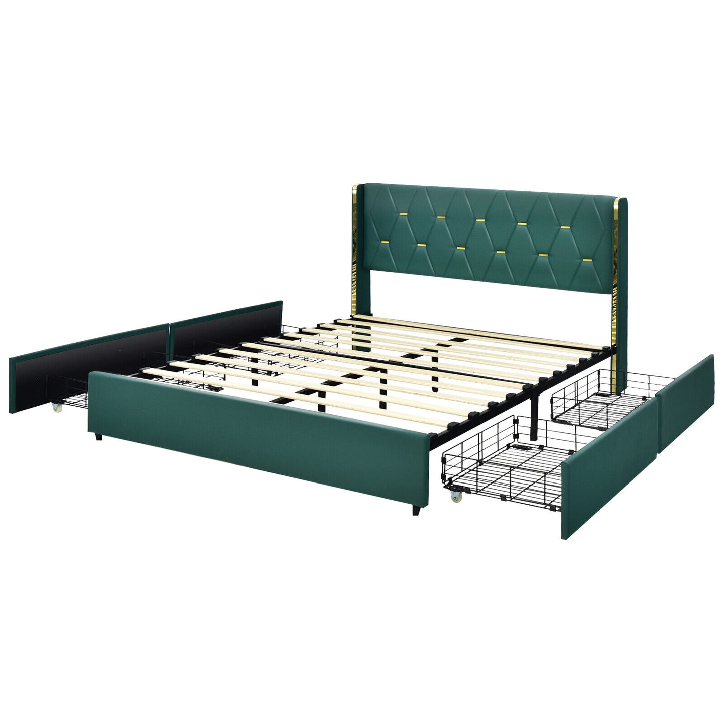 Full/Queen Size Upholstered Bed Frame with 4 Drawers-Green-Queen Size - Queen Size