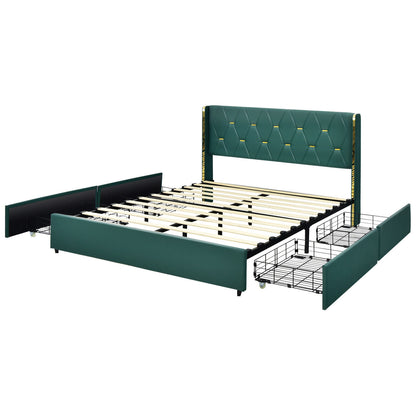 Full/Queen Size Upholstered Bed Frame with 4 Drawers-Green-Queen Size - Queen Size