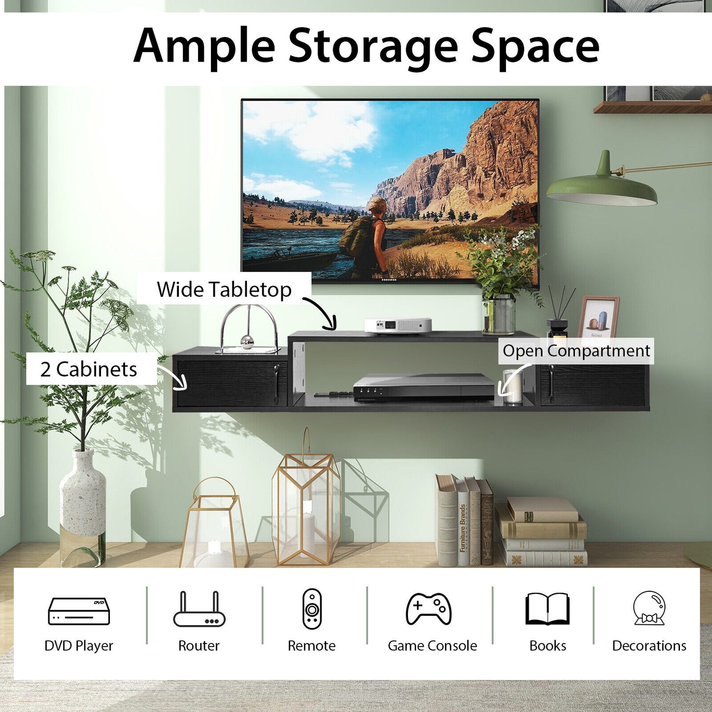 55 Inches Floating TV Stand with Power Outlet-Black