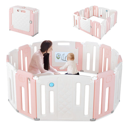 14 Panels Kids Safety Activity Play Center with Drawing Board-Gray - Pink