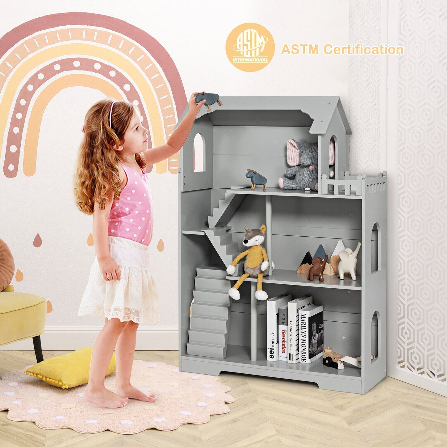 Kids Wooden Dollhouse Bookshelf with Anti-Tip Design and Storage Space-Gray