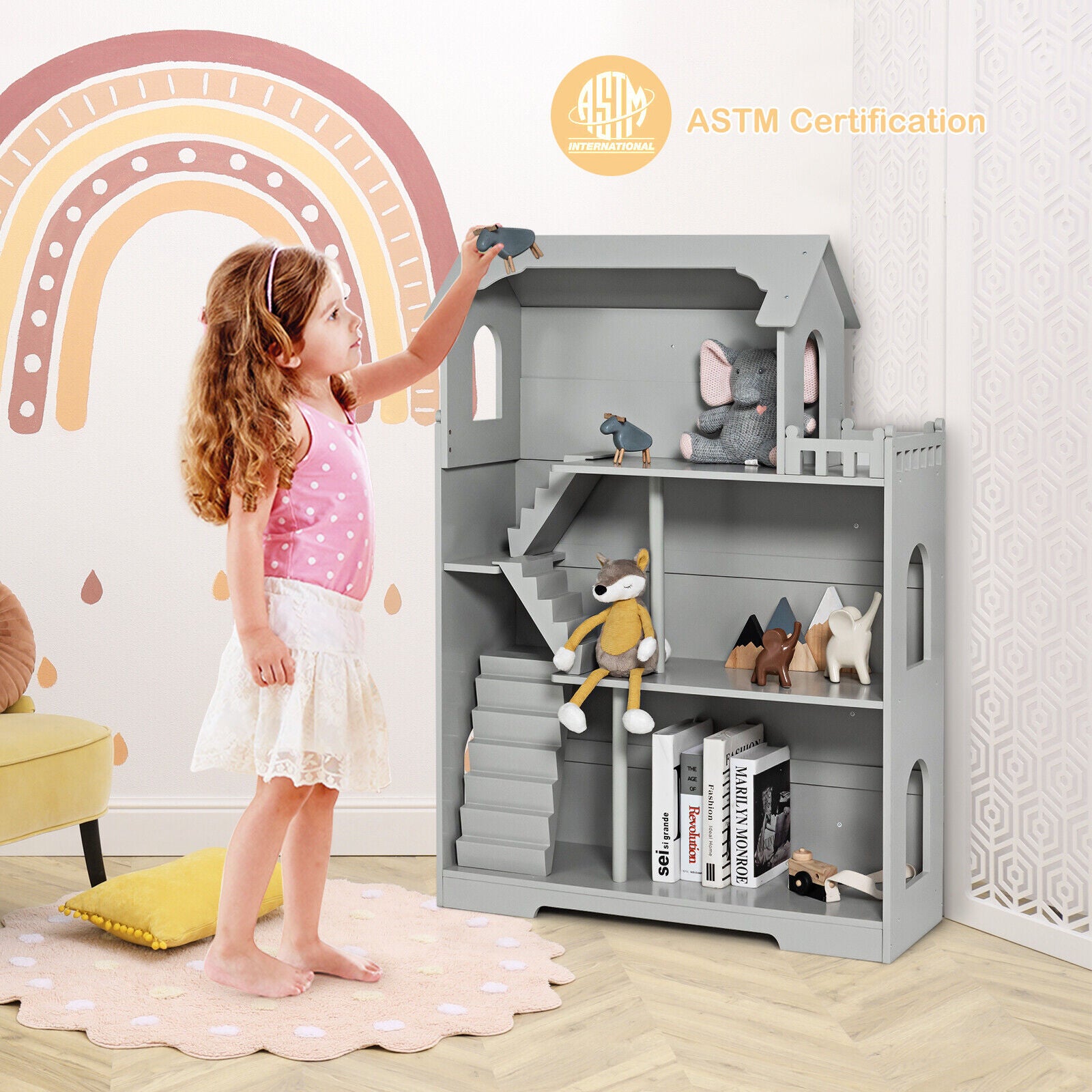 Kids Wooden Dollhouse Bookshelf with Anti-Tip Design and Storage Space-Gray