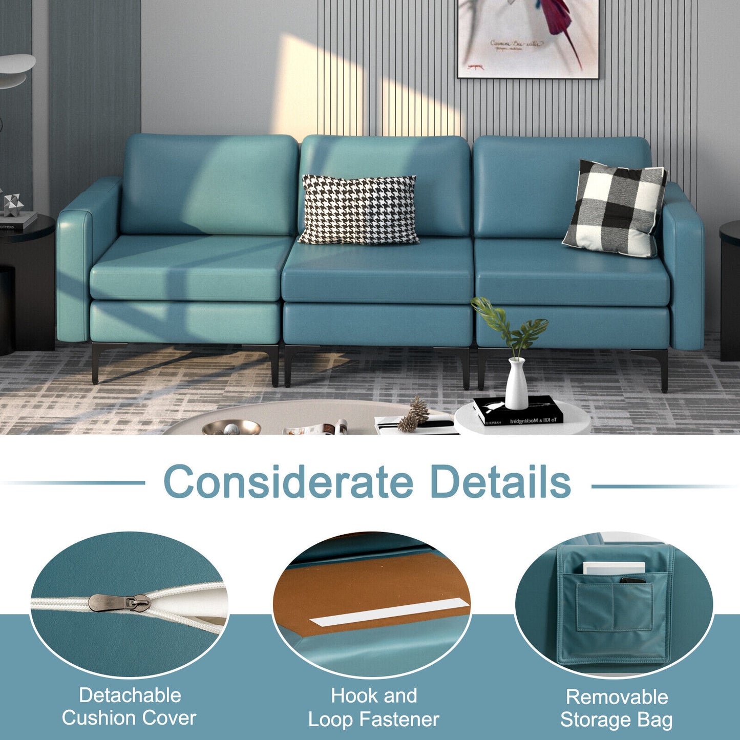 3-Seat Sectional Sofa Couch with Armrest Magazine Pocket and Metal Leg-Blue