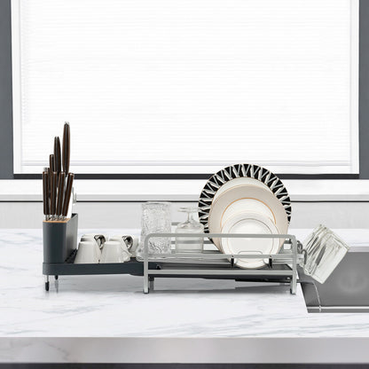 Aluminum Expandable Dish Drying Rack with Drainboard and Rotatable Drainage Spout