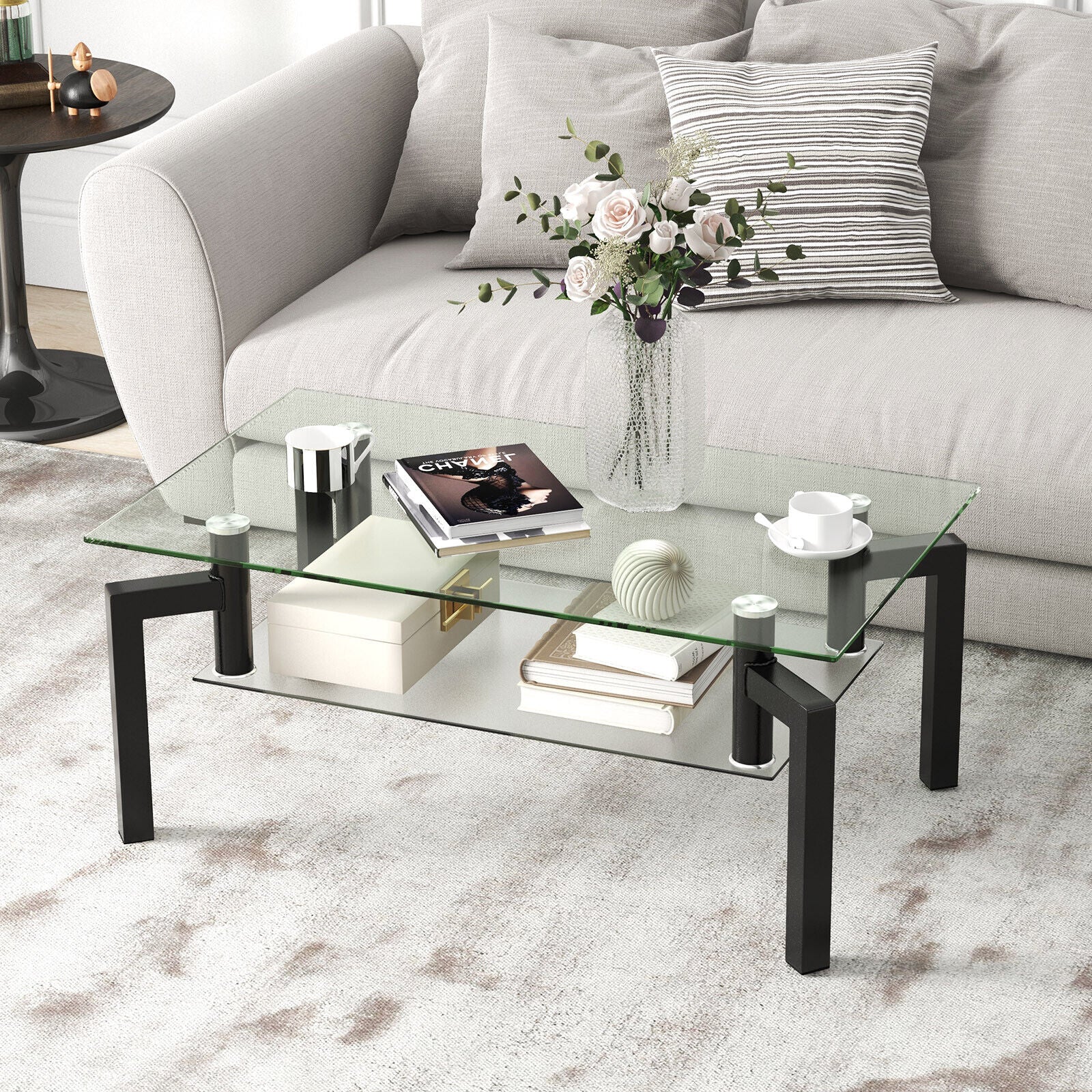 2-Tier Rectangular Glass Coffee Table with Metal Tube Legs-Black