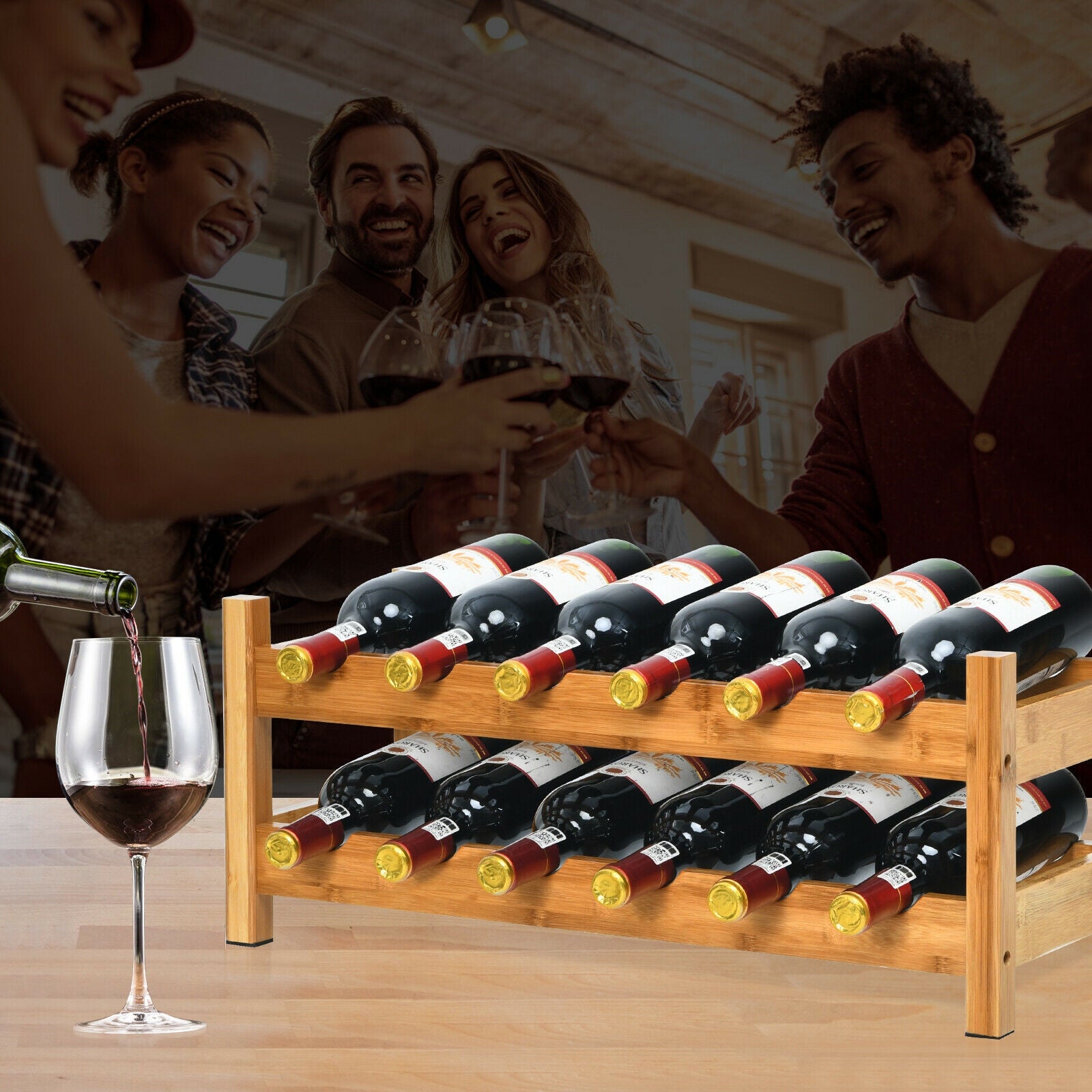 2-Tier 12 Bottles Bamboo Storage Shelf Wine Rack-Natural