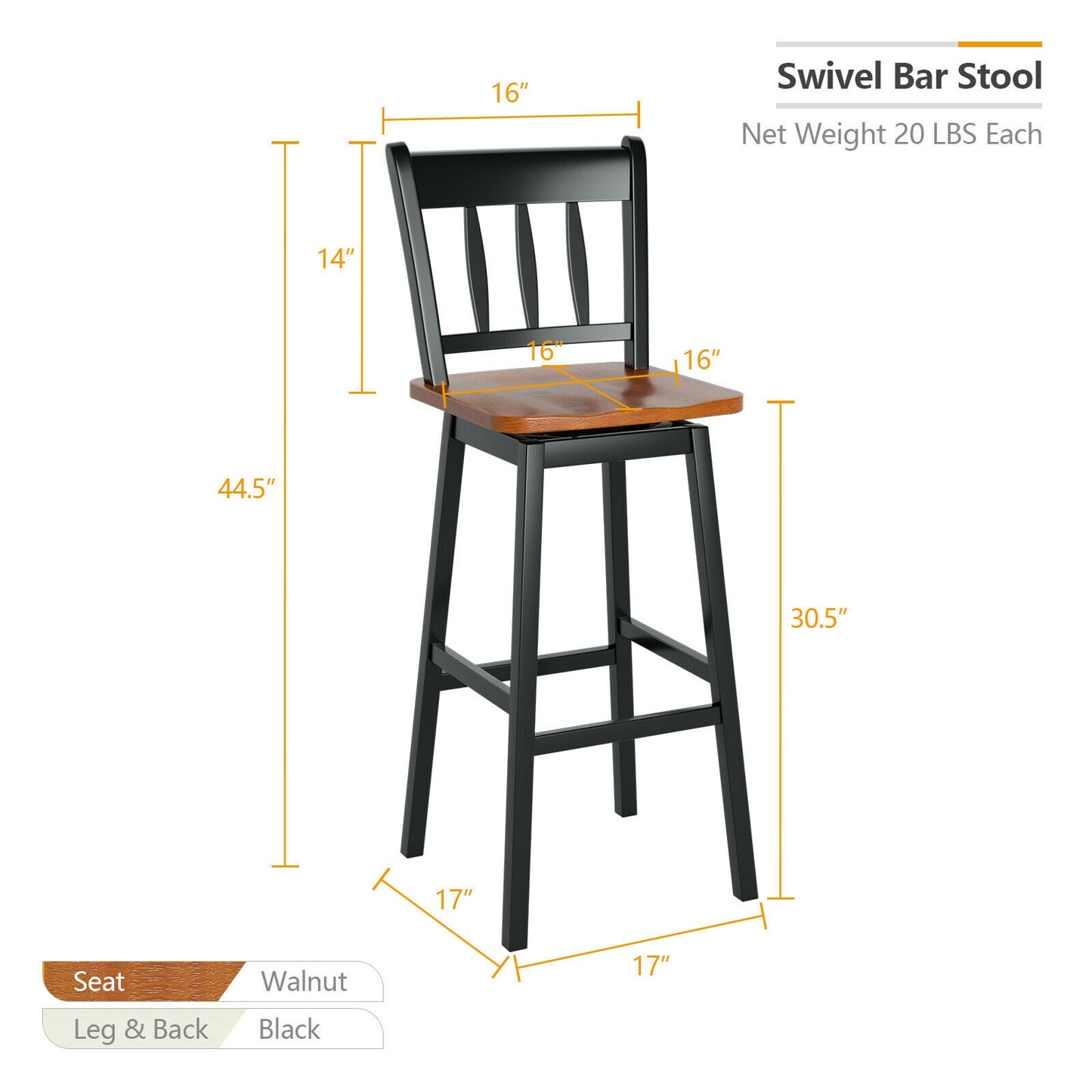 30.5 Inches Set of 2 Swivel Bar Stools with 360¬∞ Swiveling-Black