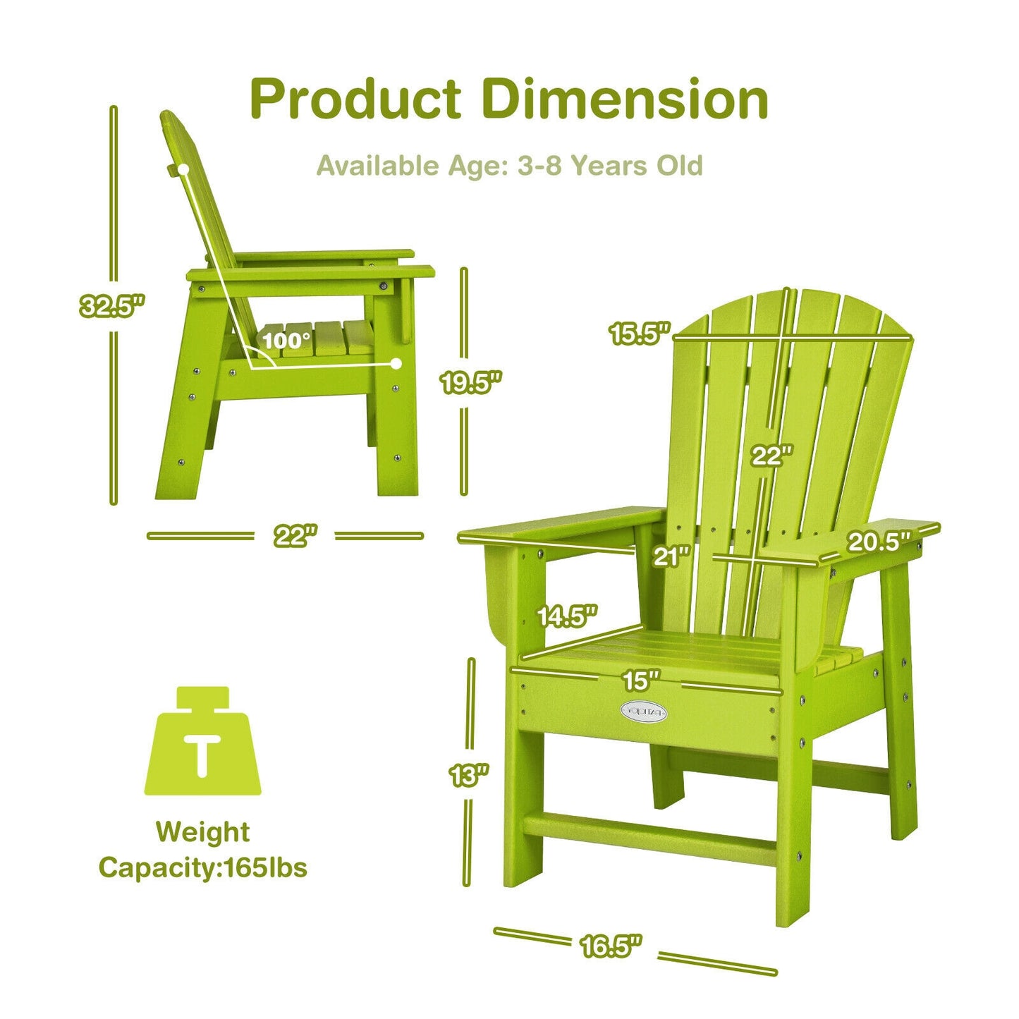 Patio Kids' Adirondack Chair with Ergonomic Backrest-Blue - Green