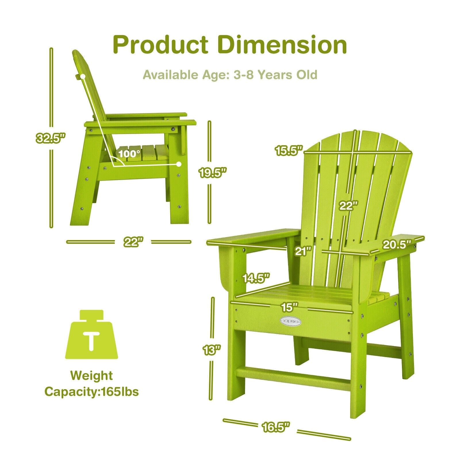Patio Kids' Adirondack Chair with Ergonomic Backrest-Blue - Green