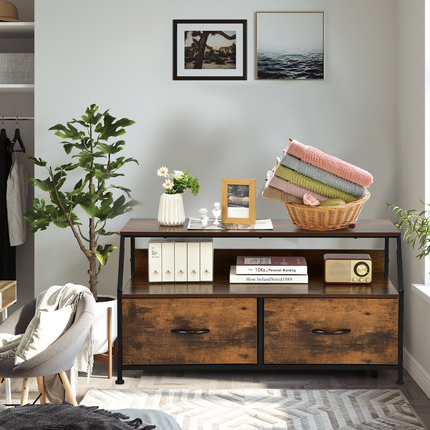 Dresser TV Stand with 2 Folding Fabric Drawers and Open Shelves-Rustic Brown