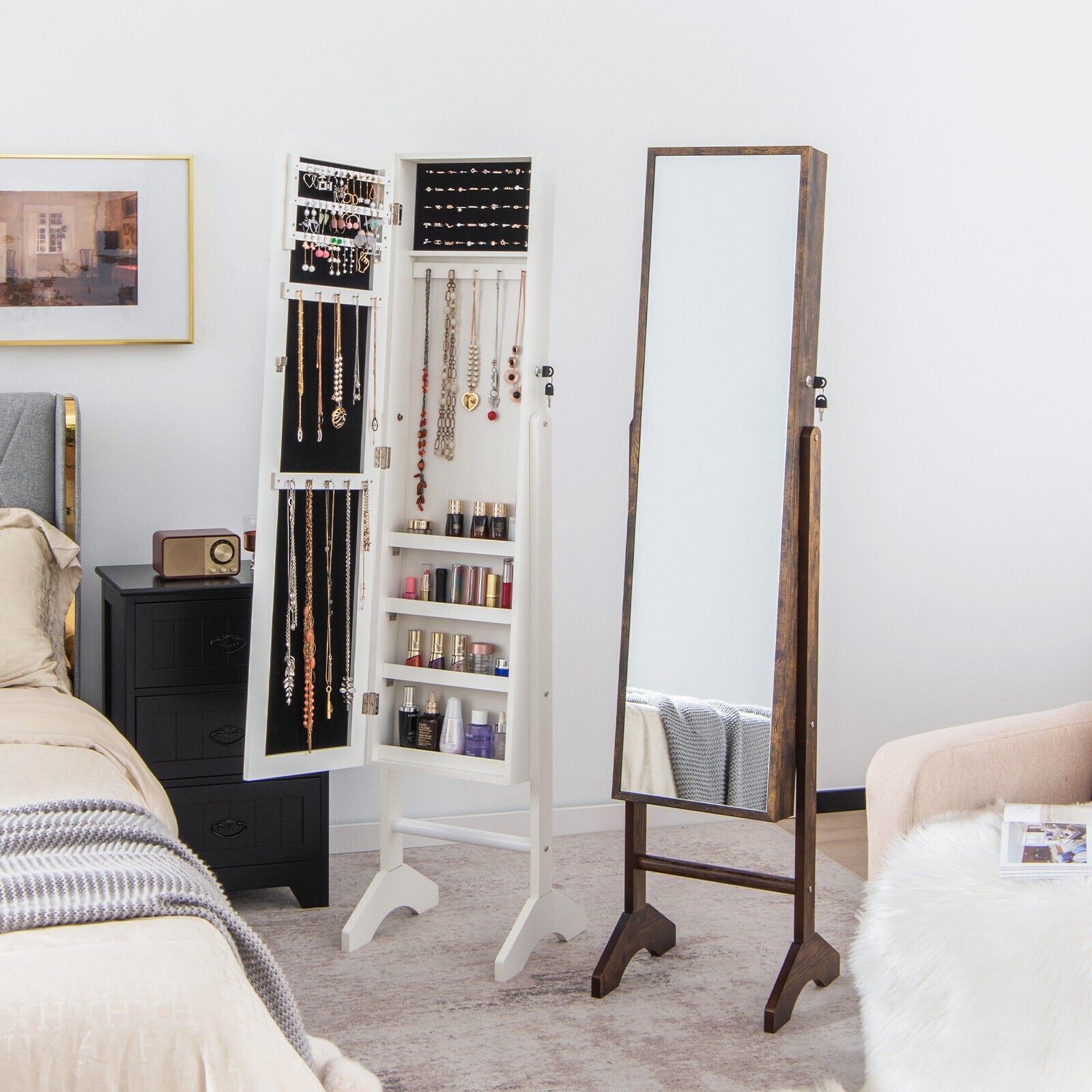 Free-Standing Jewelry Cabinet with Full-Length Mirror and Lockable Door-White