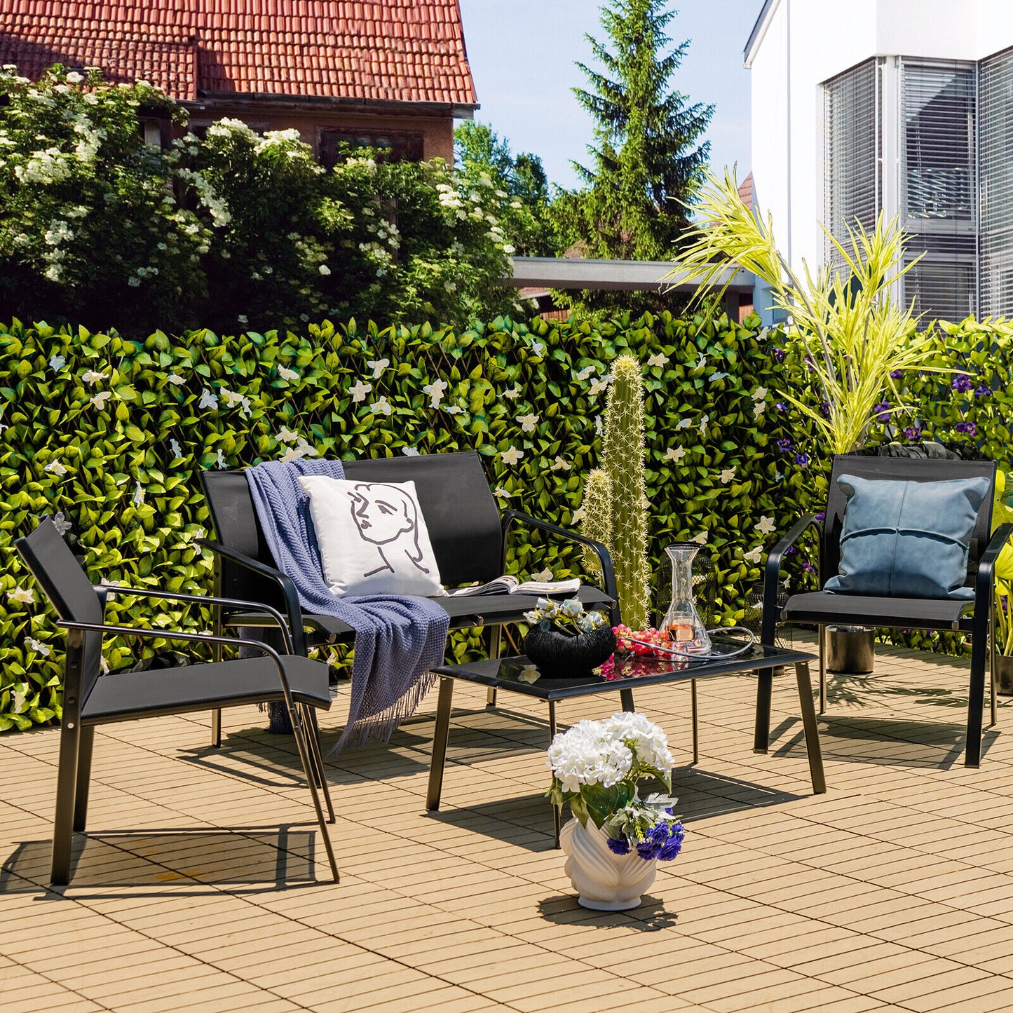 4 Pieces Patio Furniture Set with Armrest Loveseat Sofas and Glass Table Deck