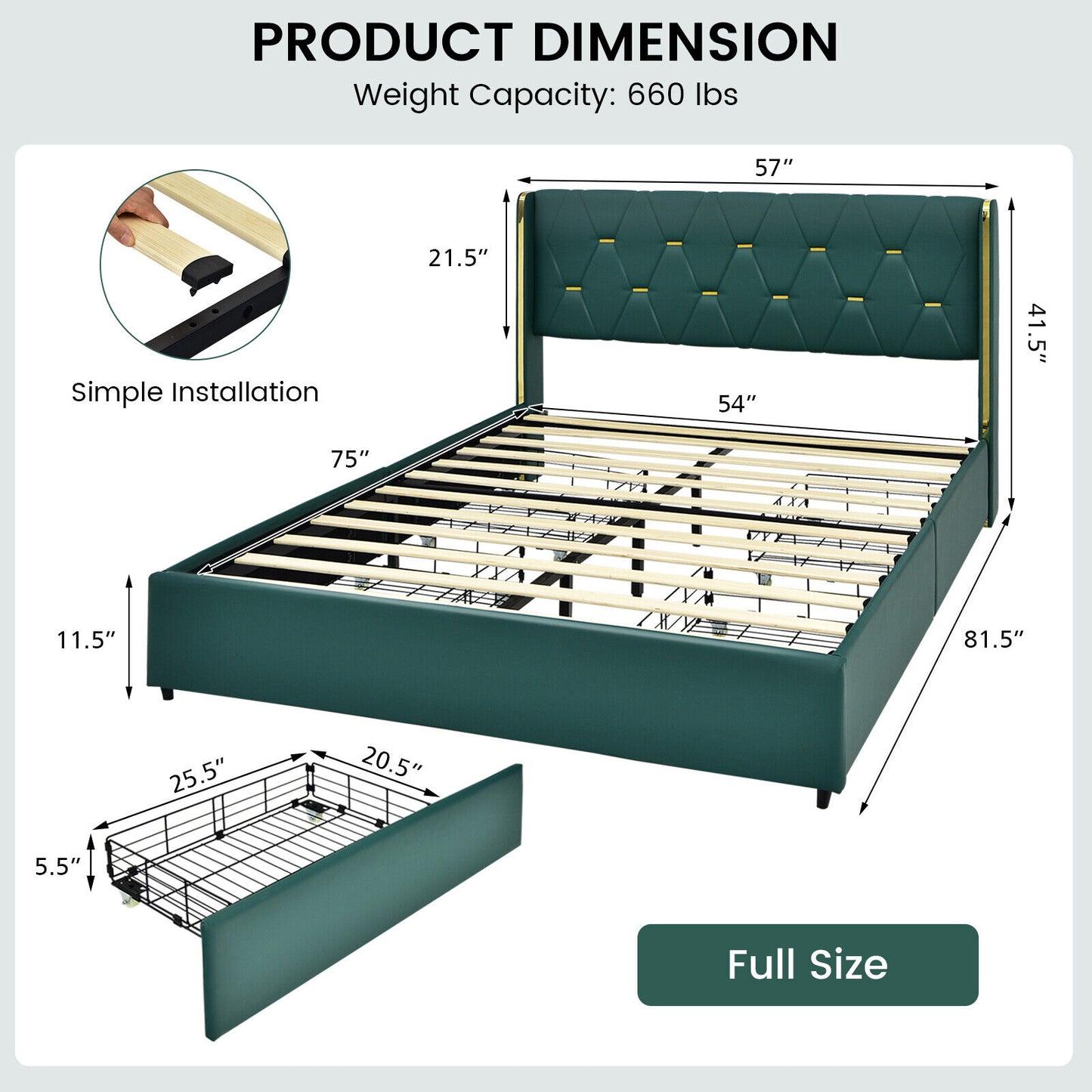 Full/Queen Size Upholstered Bed Frame with 4 Drawers-Green