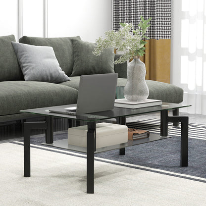 2-Tier Rectangular Glass Coffee Table with Metal Tube Legs-Black