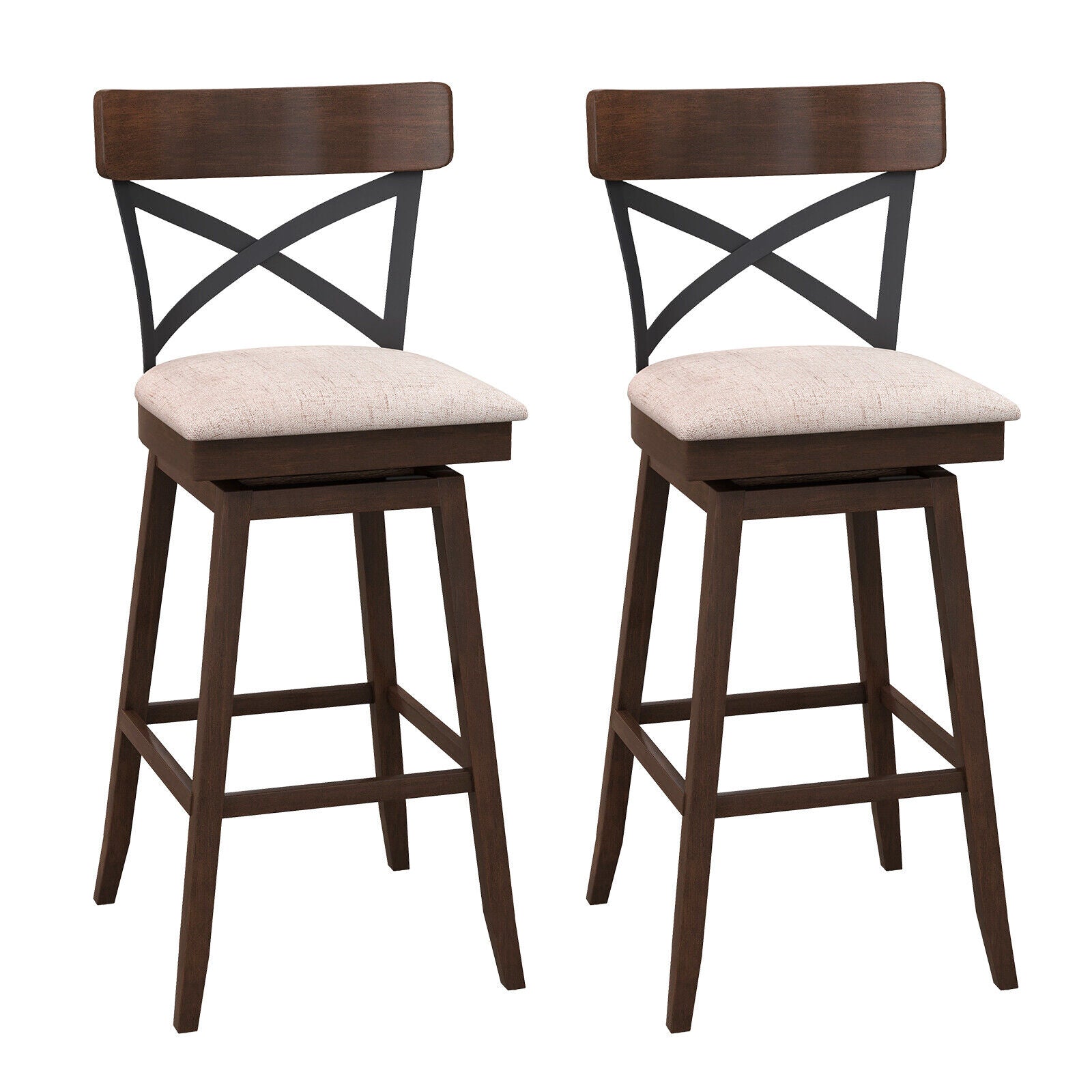 Set of 2 Wooden Swivel Bar Stools with Cushioned Seat and Open X Back-30 inches - 30 Inches